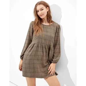 American Eagle Plaid Long Sleeve Mini Peasant Babydoll Dress Western Boho Fairy